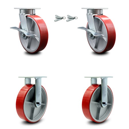 Service Caster 8 Inch Kingpinless Red Poly on Steel Caster Brake & Swivel Lock 2 Rigid, 2PK SCC-KP30S820-PUR-RS-SLB-BSL-2-R-2